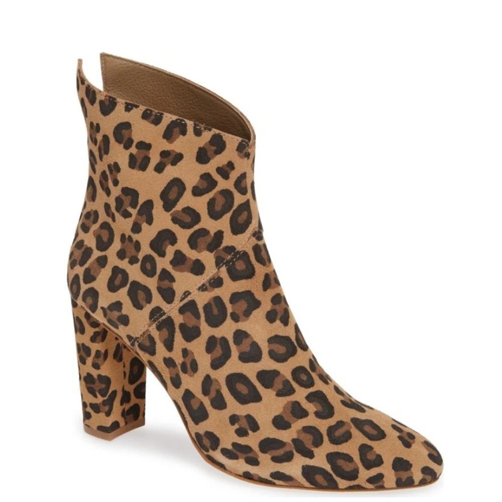 Matisse Tinsel Brown & Light Tan Heeled Ankle Booties in Leopard Suede Size 7.5